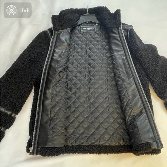 Karl Lagerfeld Paris Men Black Faux Shearling Aviator Jacket - Picture 10 of 13